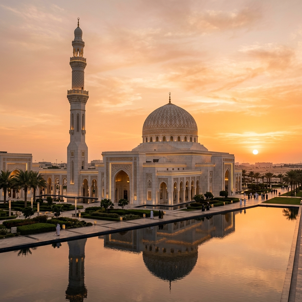 Mosque under golden sunset sky